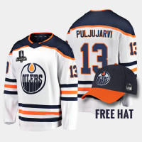 Men Edmonton Oilers Jesse Puljujarvi #13 2022 Pacific Conference Champions Away White Jersey